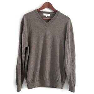 100% Extra Fine Merino Wool Knit Sweater V-Neck Gray Brown Turnbury, L
